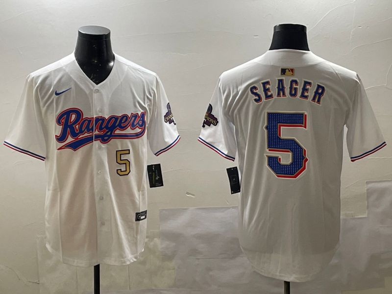 Men Texas Rangers #5 Seager White Gold Game 2025 Nike MLB Jersey style 2